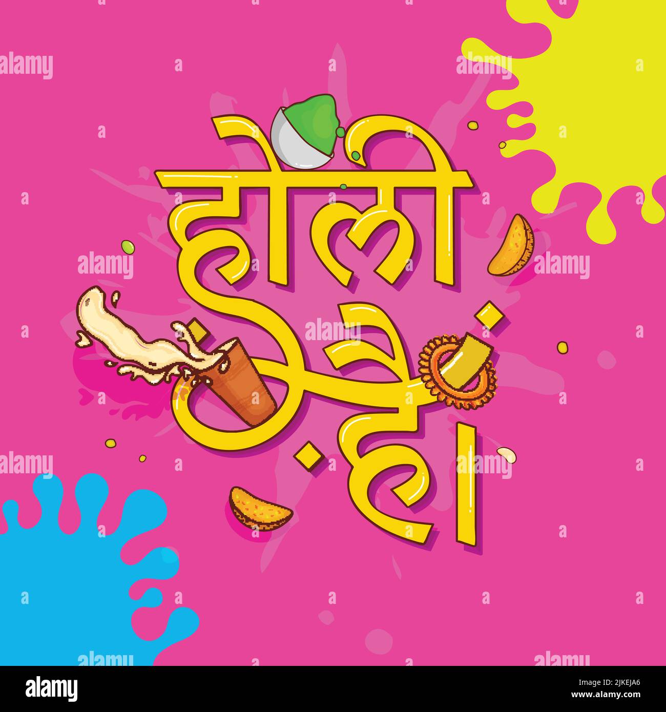 Hindi scritta di giallo Holi Hai! (È Holi) con polvere (Gulal) in ciotola, vetro di Thandai, dolce indiano e colore splash su sfondo rosa. Illustrazione Vettoriale