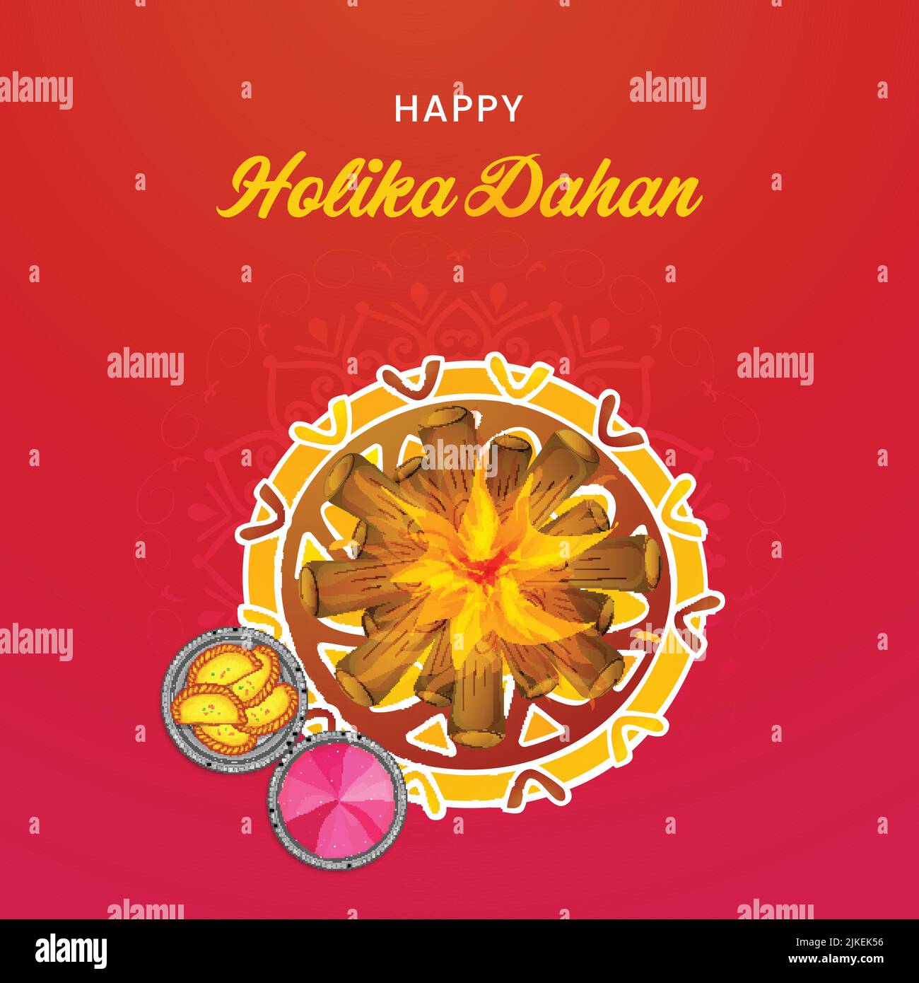 Happy Holika Dahan Celebration Concept con vista dall'alto di Bonfire, Indian Sweet (Gujia) e Powder Color (Gulal) su sfondo rosso. Illustrazione Vettoriale