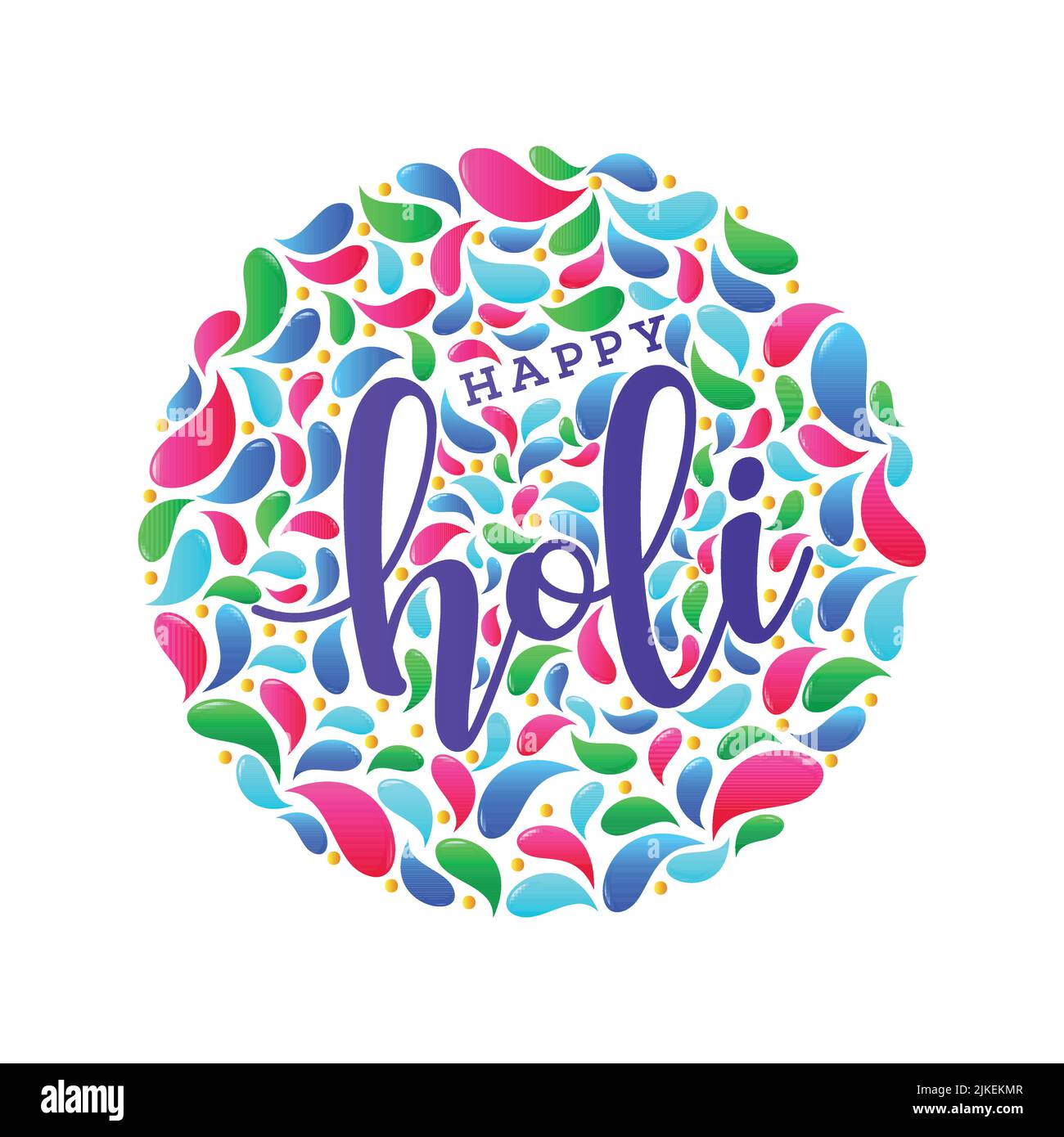 Happy Holi Font arrotondati gocce d'arco colorato e punti d'oro contro sfondo bianco. Illustrazione Vettoriale