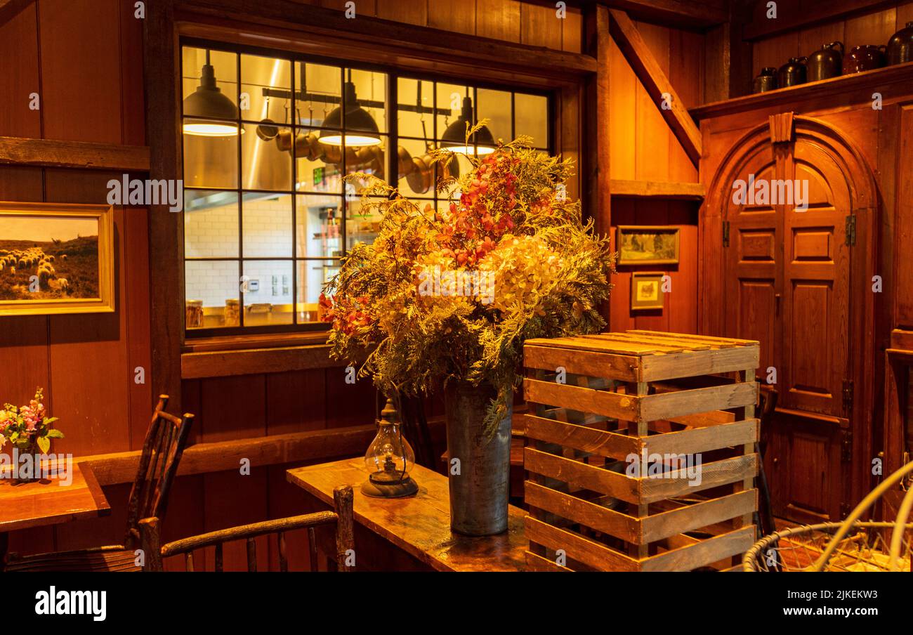 bell'interno in legno di un edificio di fattoria con un grande prato secco e fiori disposizione Foto Stock