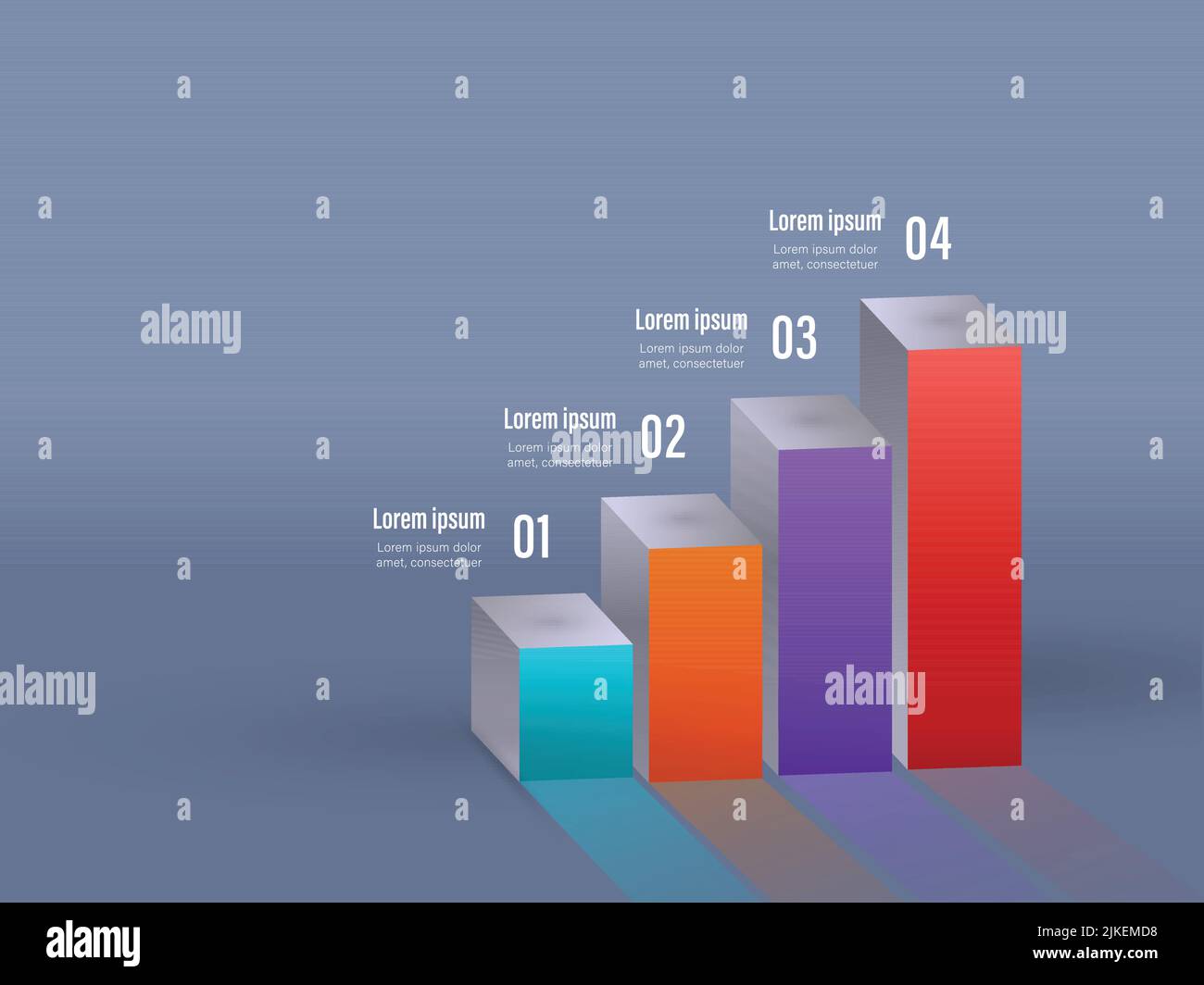 Grafico o diagramma infografico aziendale con 3D quattro colonne colorate su sfondo blu lucido. Illustrazione Vettoriale