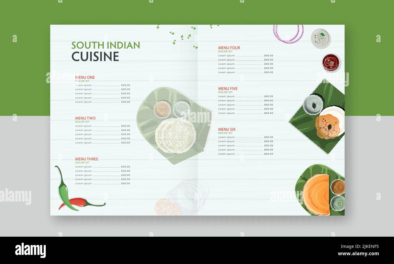 South Indian Cuisine Bi-Fold Brochure Menu Card con vista dall'alto di deliziosi piatti per la pubblicazione. Illustrazione Vettoriale