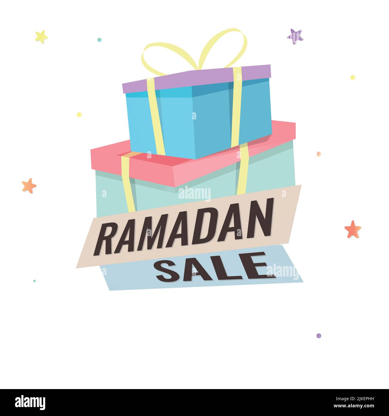 Ramadan Vendita Poster Design con Gift Box e Stelle su sfondo bianco. Illustrazione Vettoriale