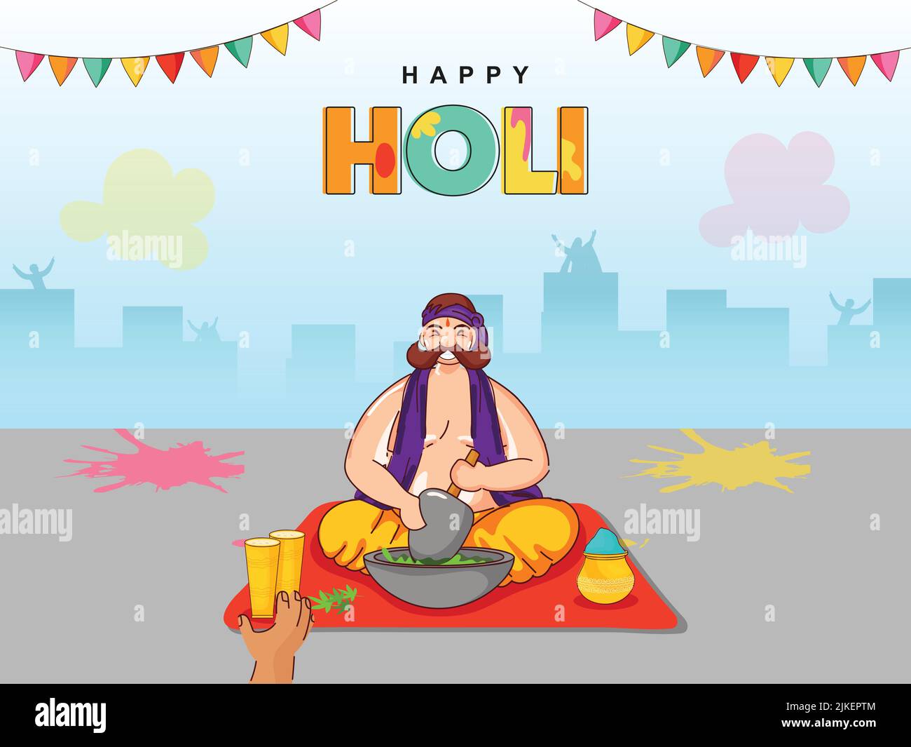 Festa indiana dei colori, Happy Holi concetto con l'uomo indiano che si prepara per una bevanda tradizionale. Illustrazione Vettoriale