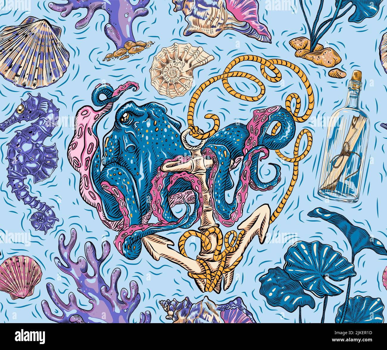 Vettore astratto disegno senza giunture sul tema marino, avventura, le profondità dei mari. Sfondo vintage ripetuto con polpi disegnati a mano, ancoraggi, Illustrazione Vettoriale