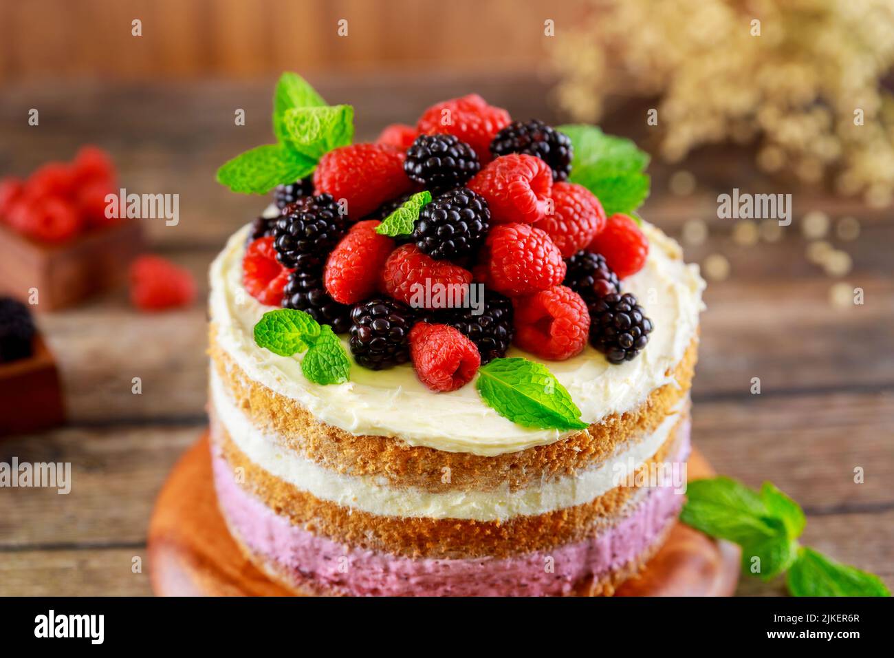 Pan di Spagna con lampone fresco e mora. Foto Stock