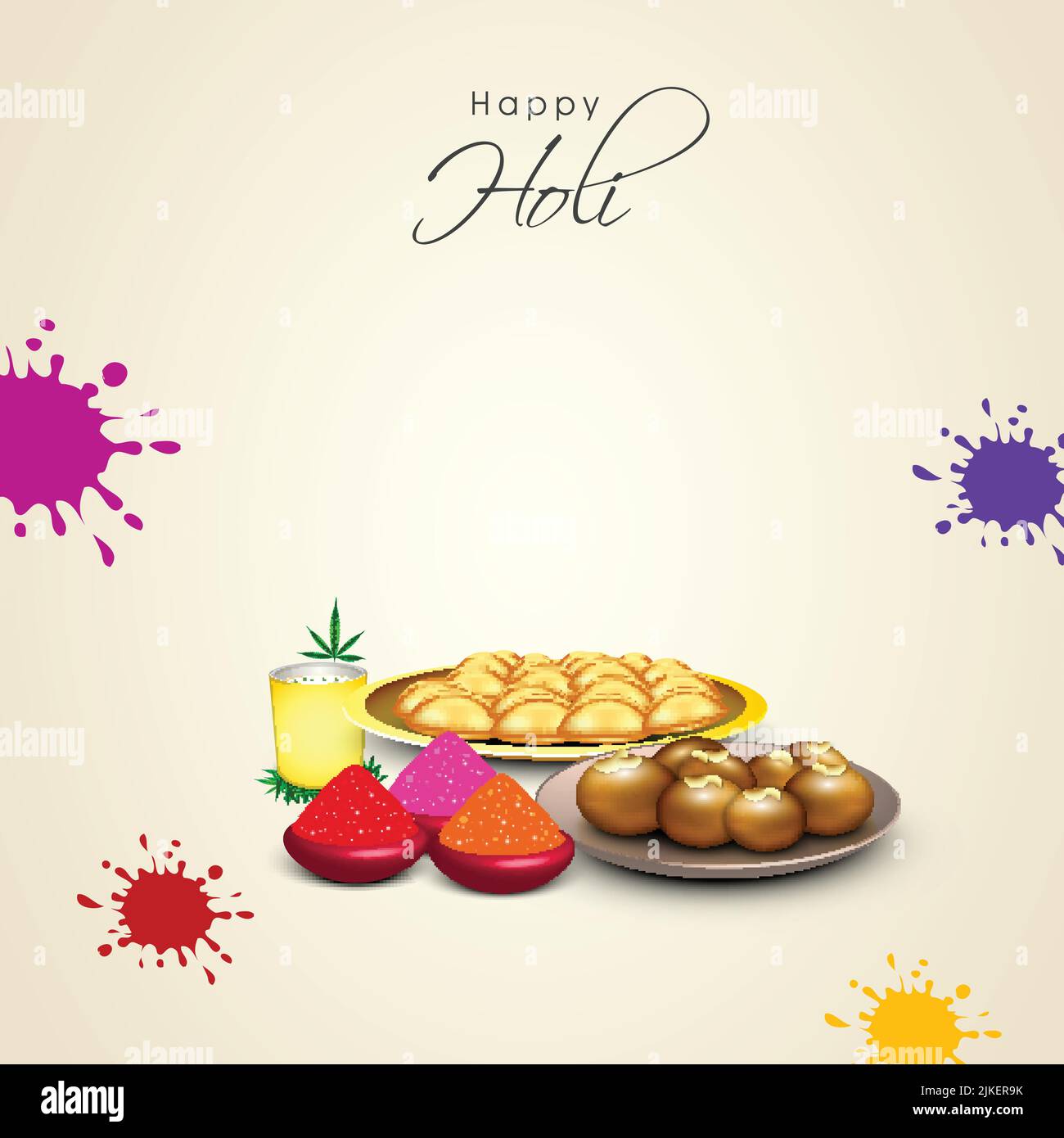 Happy Holi Celebration Concept con 3D Dolce indiane, Thandai Glass, foglie di Cannabis, Dry Color (Gulal) in ciotole ed effetto splatter su Beige Backgroun Illustrazione Vettoriale