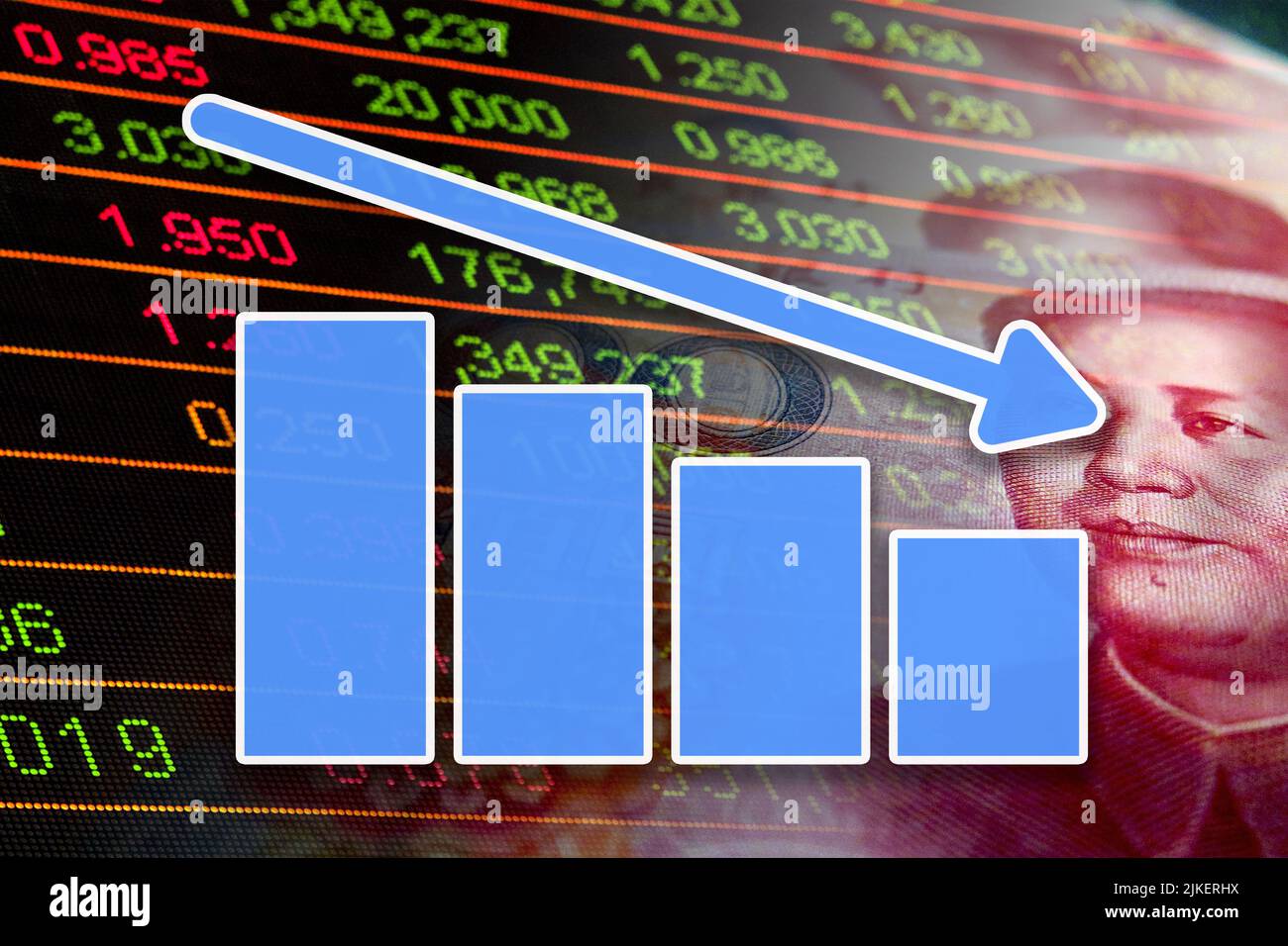 Grafico economico: Freccia giù, yuan cinese in indicatori di cassa e di mercato azionario (denaro, finanza, imprese, inflazione) Foto Stock