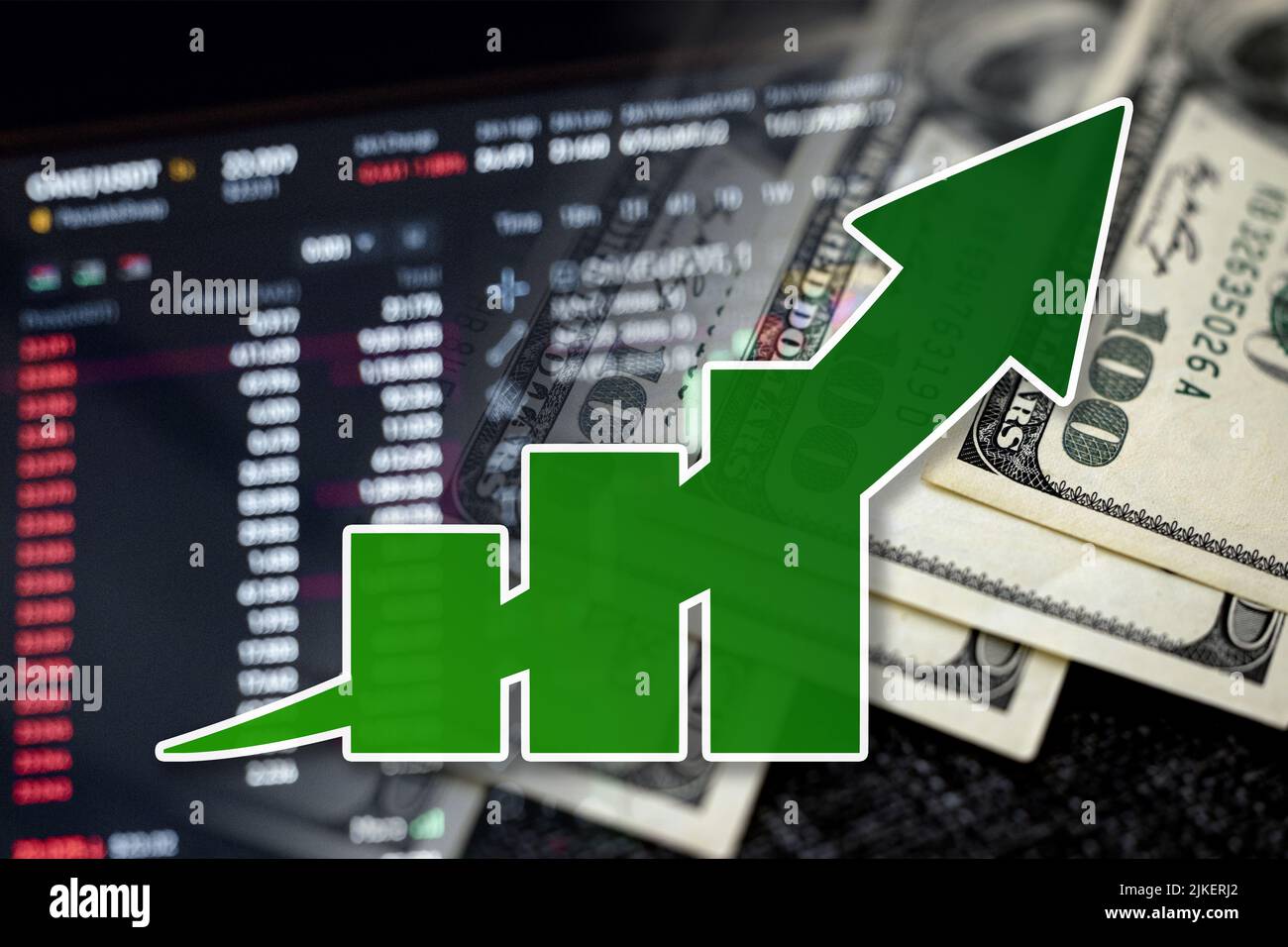 Grafico dell'economia: Freccia di crescita, dollari di cassa e indicatori del mercato azionario (inflazione, successo, finanza) Foto Stock