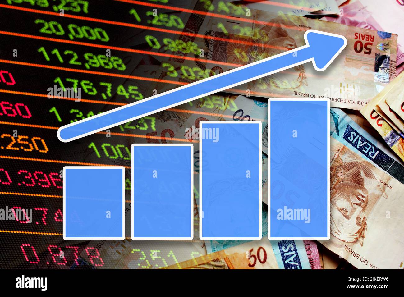 Grafico economico - freccia su, indicatori brasiliani di liquidità e borsa (denaro, finanza, affari, inflazione) Foto Stock