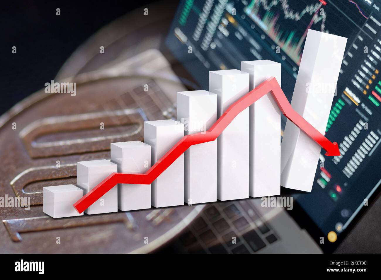 Grafico economico - freccia giù, monete in yen e indicatori del mercato azionario (crisi, finanza, denaro, inflazione) Foto Stock