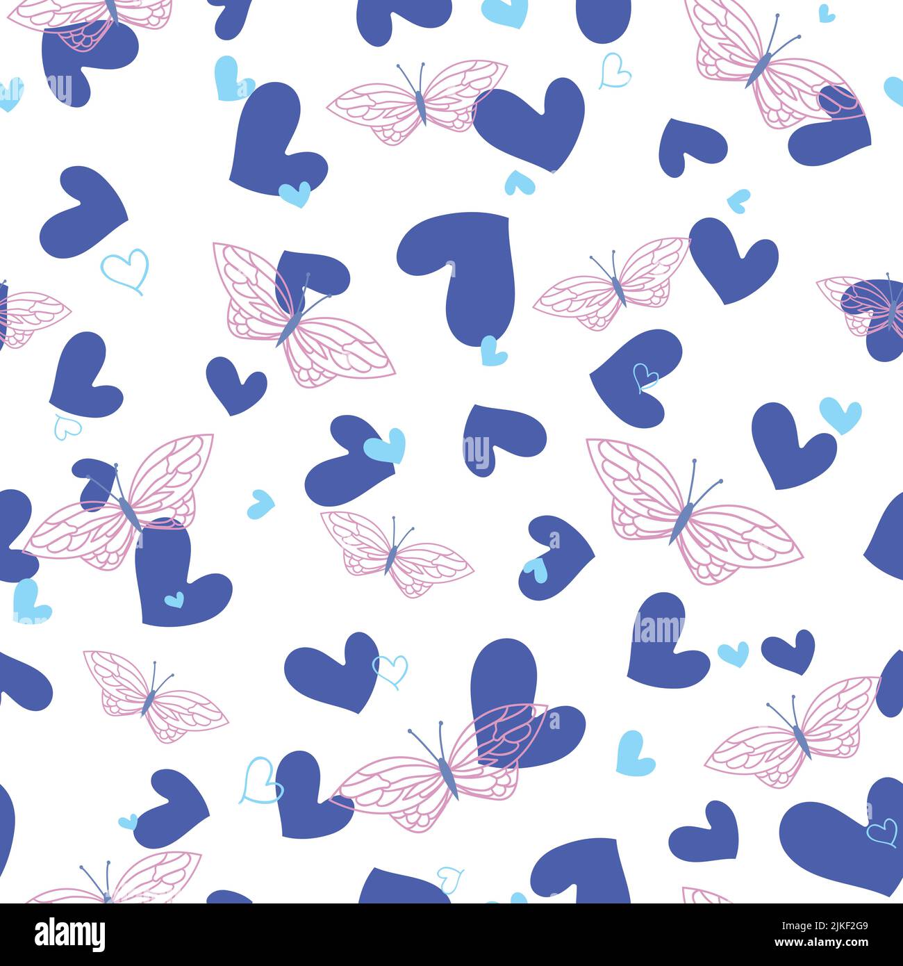 Vettoriale blu cuori farfalle viola isolato su bianco senza giunture ripetizione sfondo pattern Illustrazione Vettoriale