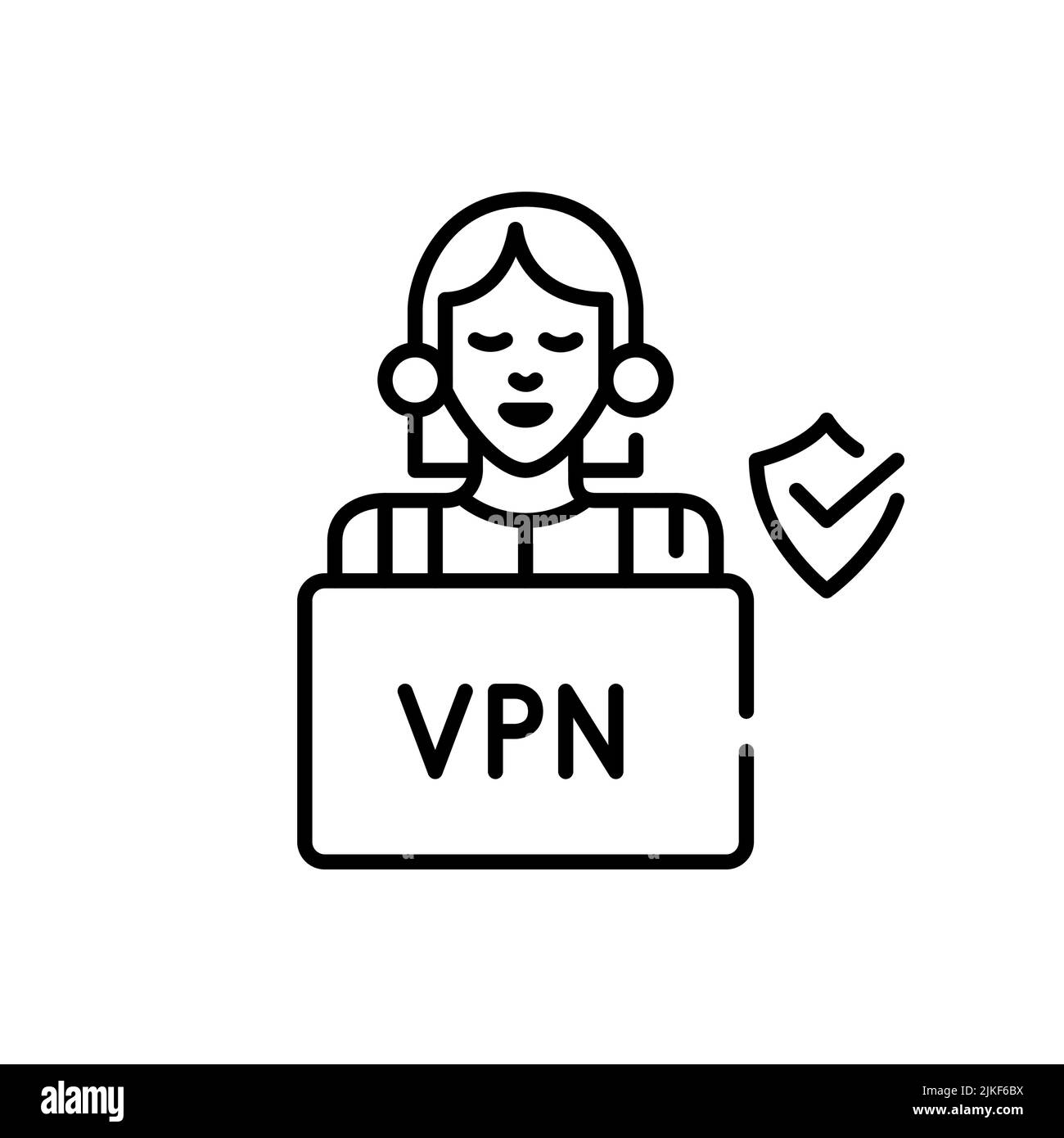 Ragazza che lavora al laptop utilizzando la connessione VPN. Icona della linea di traccia modificabile pixel Perfect Illustrazione Vettoriale