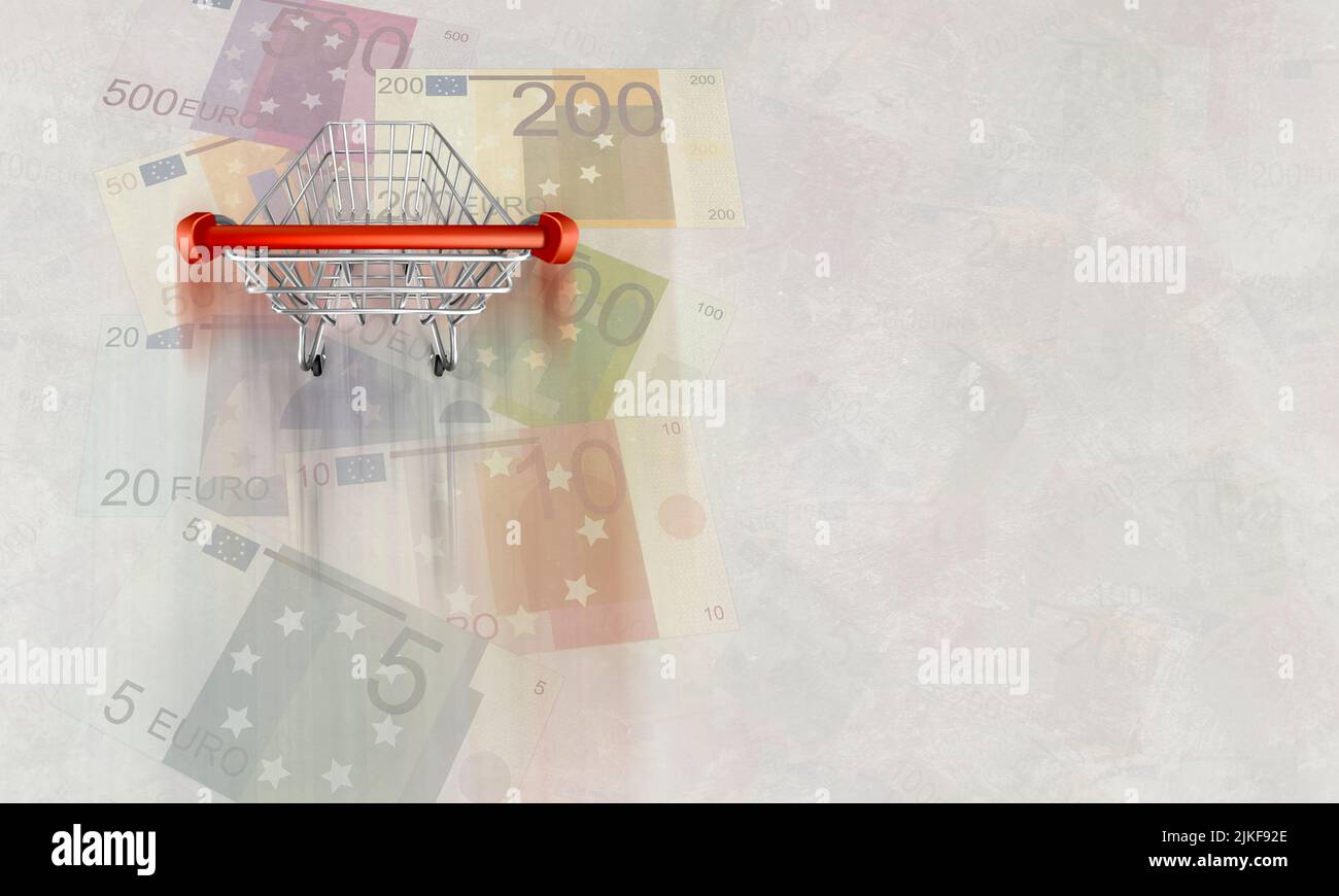 Still life of shopping cart and euro Notes on white background - stock photo Foto Stock