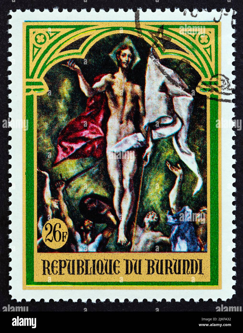 BURUNDI - CIRCA 1969: Un francobollo stampato in Burundi dal numero di Pasqua mostra la Resurrezione di El Greco, circa 1969. Foto Stock