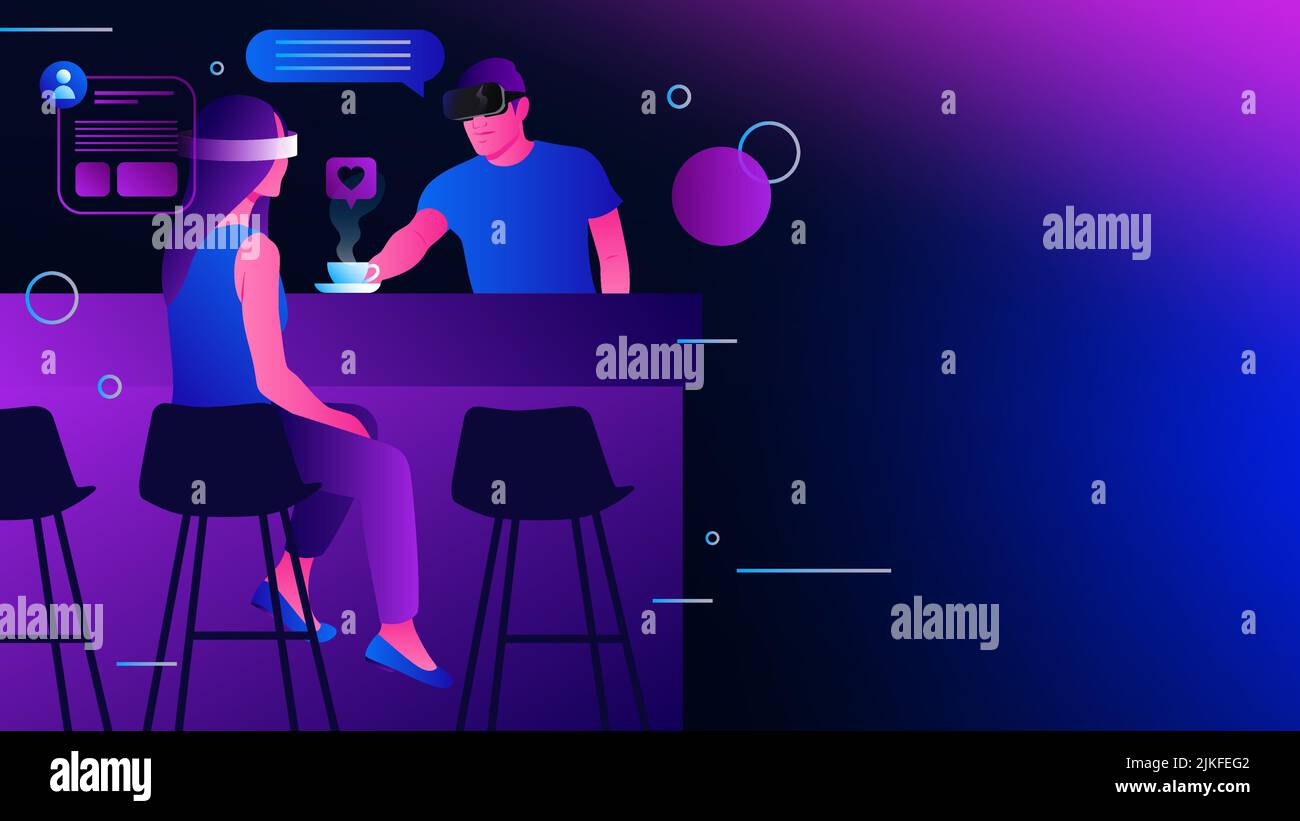 Comunicazione in metaverse. Online Dating, Coffee Shop Illustrazione concettuale. Illustrazione vettoriale Illustrazione Vettoriale