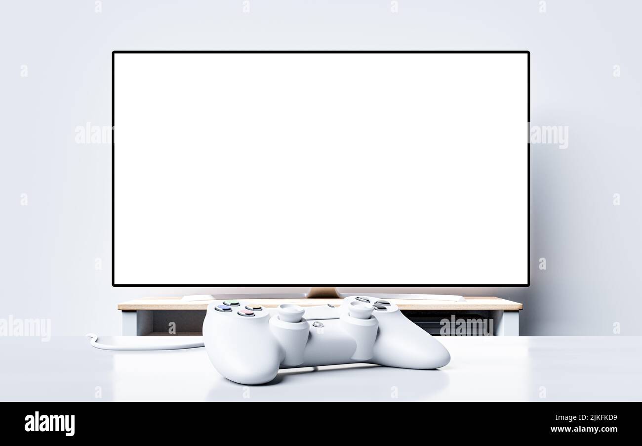 Riproduzione sulla console - gamepad sulla TV con sfondo mockup schermo vuoto - 3D rendering Foto Stock
