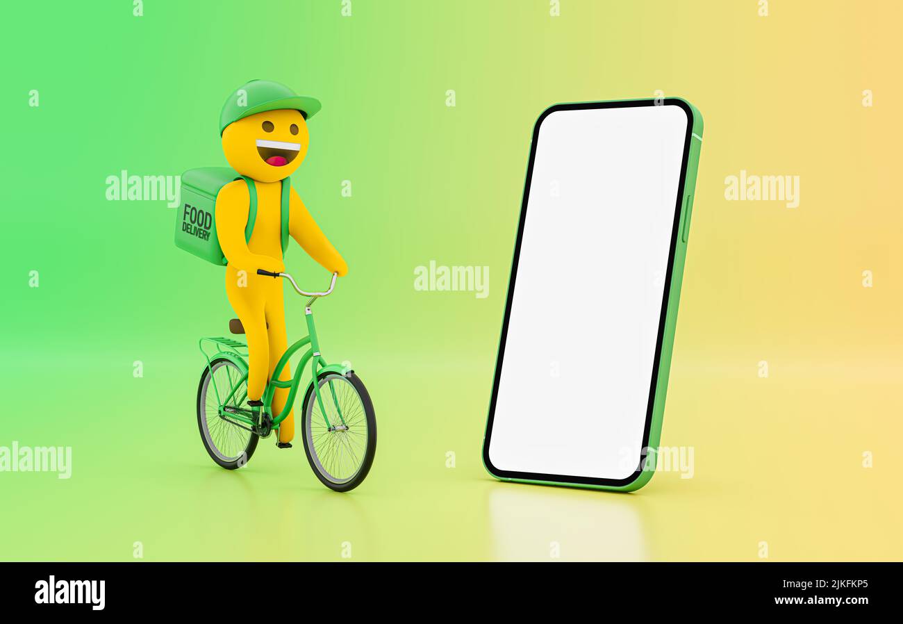Uomo per la consegna di cibo in bicicletta Cartoon - modello con smartphone con schermo vuoto Foto Stock