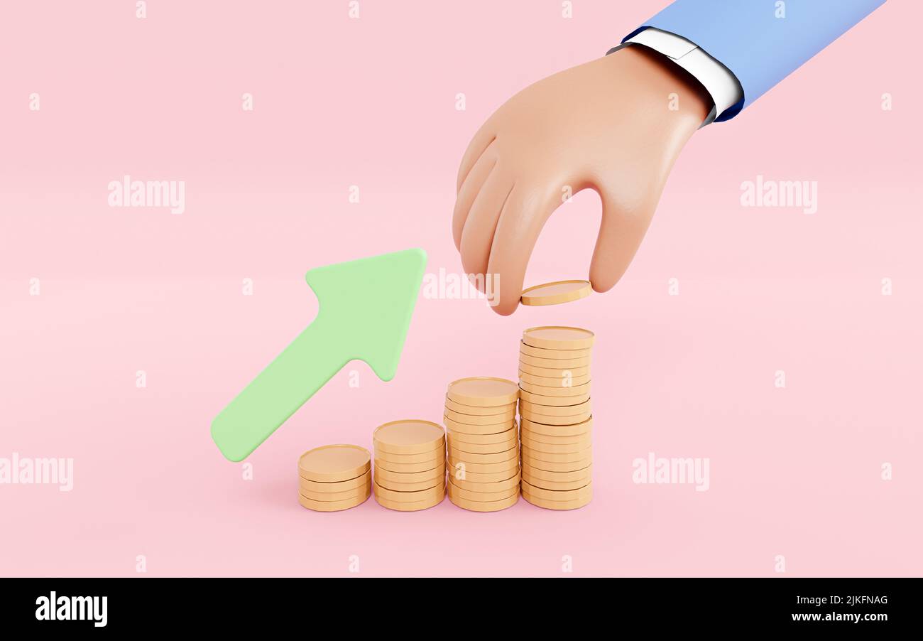 Concetto di successo finanziario - impilare un grafico a barre dalle monete in una tendenza crescente - 3D illustrazione Foto Stock
