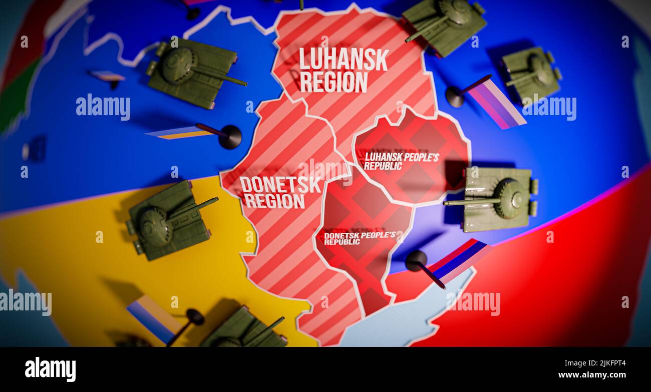 Escalation del conflitto al confine con l'Ucraina con la Russia, regione di Donbas - il concetto di una mappa 3D con carri armati schierati su entrambi i lati del conf Foto Stock
