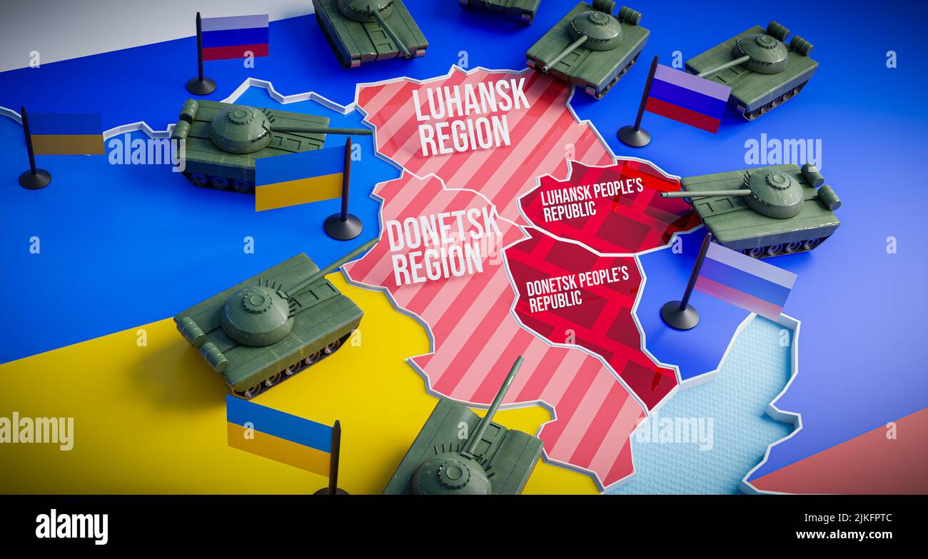 Escalation del conflitto al confine con l'Ucraina con la Russia, regione di Donbas - il concetto di una mappa 3D con carri armati schierati su entrambi i lati del conf Foto Stock
