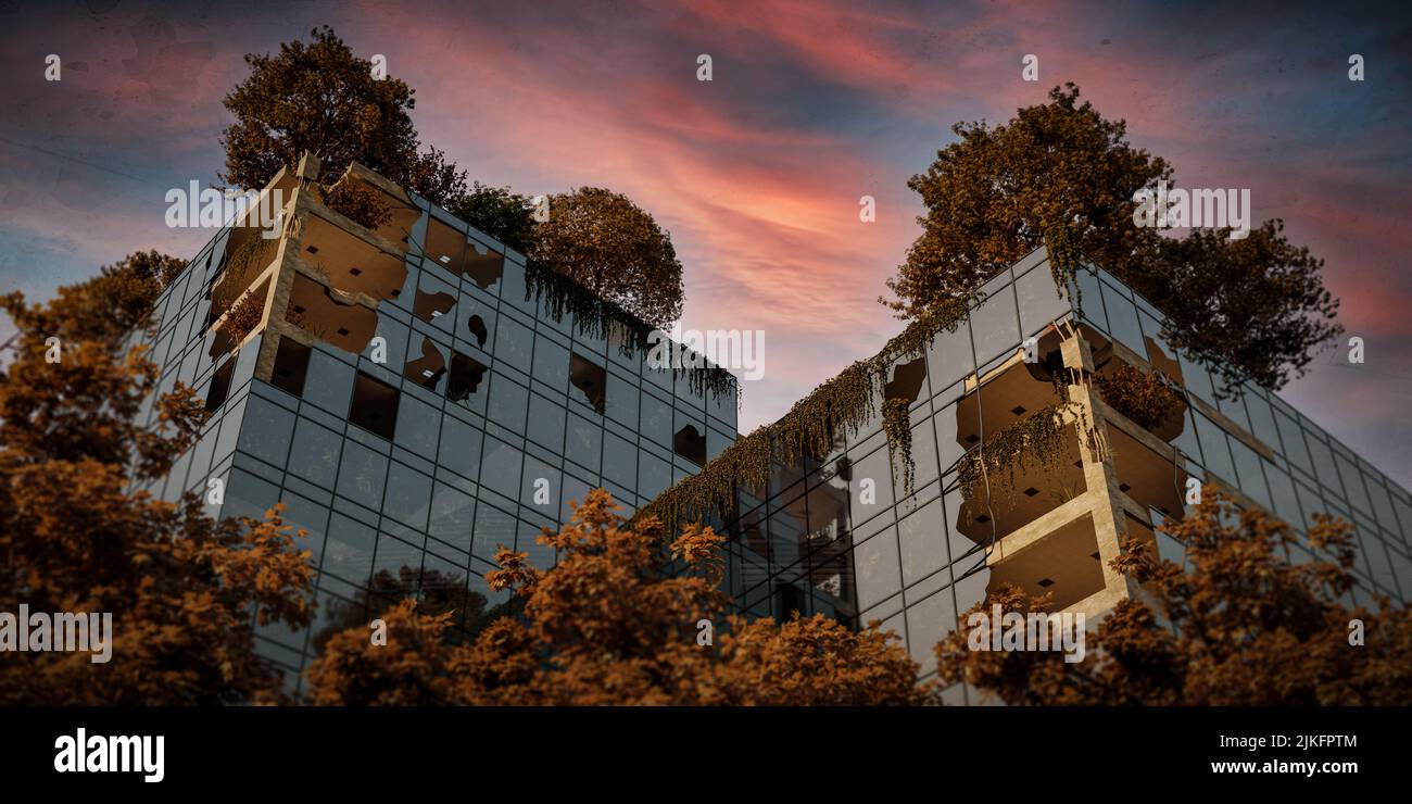 Edificio di uffici post-apocalittici cresciuto con alberi e vegetazione - il concetto di apocalisse dopo lo scoppio della guerra nucleare - 3D rendere Foto Stock