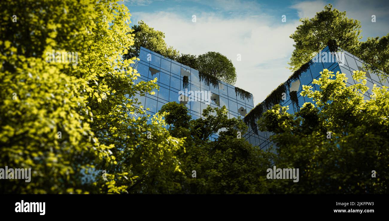 Edificio di uffici post-apocalittici cresciuto con alberi e vegetazione - il concetto di apocalisse dopo lo scoppio della guerra nucleare - 3D rendere Foto Stock