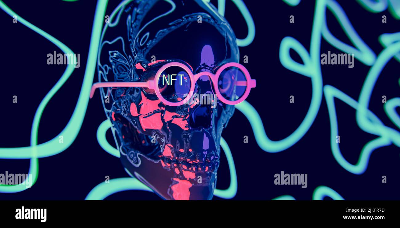 Token non-fungibile NFT, concetto di cripto-arte con testo neon. Tipo di esempio di token crittografico che rappresenta il volto unico del cranio negli occhiali - 3D rende Foto Stock