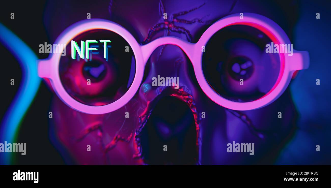 Token non-fungibile NFT, concetto di cripto-arte con testo neon. Tipo di esempio di token crittografico che rappresenta il volto unico del cranio negli occhiali - 3D rende Foto Stock