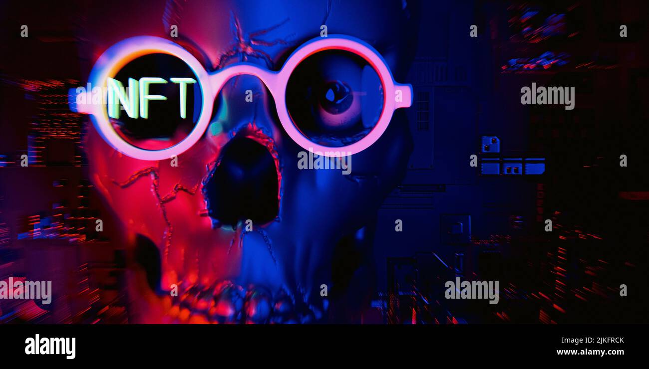 Token non-fungibile NFT, concetto di cripto-arte con testo neon. Tipo di esempio di token crittografico che rappresenta il volto unico del cranio negli occhiali - 3D rende Foto Stock