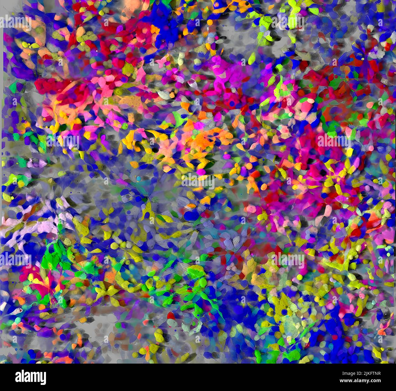 L'immagine mostra un rendering 3D (software Imaris) di una coltura confluente viva di cellule NIH-3T3 ottenute mediante microscopia confocale. Le cellule sono state co-trasdotte con proteine fluorescenti 5 e con proteine fluorescenti del gene lentivirale di ontologia (LEGO) vettori venus Cerulean (blu), EGFP (verde), Venus (giallo), tdTomato (magenta) o mCherry (rosso) per fornire colori combinatoriali per il tracciamento della progenie. Gruppi di cellule vicine dello stesso colore sono discesi dalle stesse cellule staminali. Foto Stock