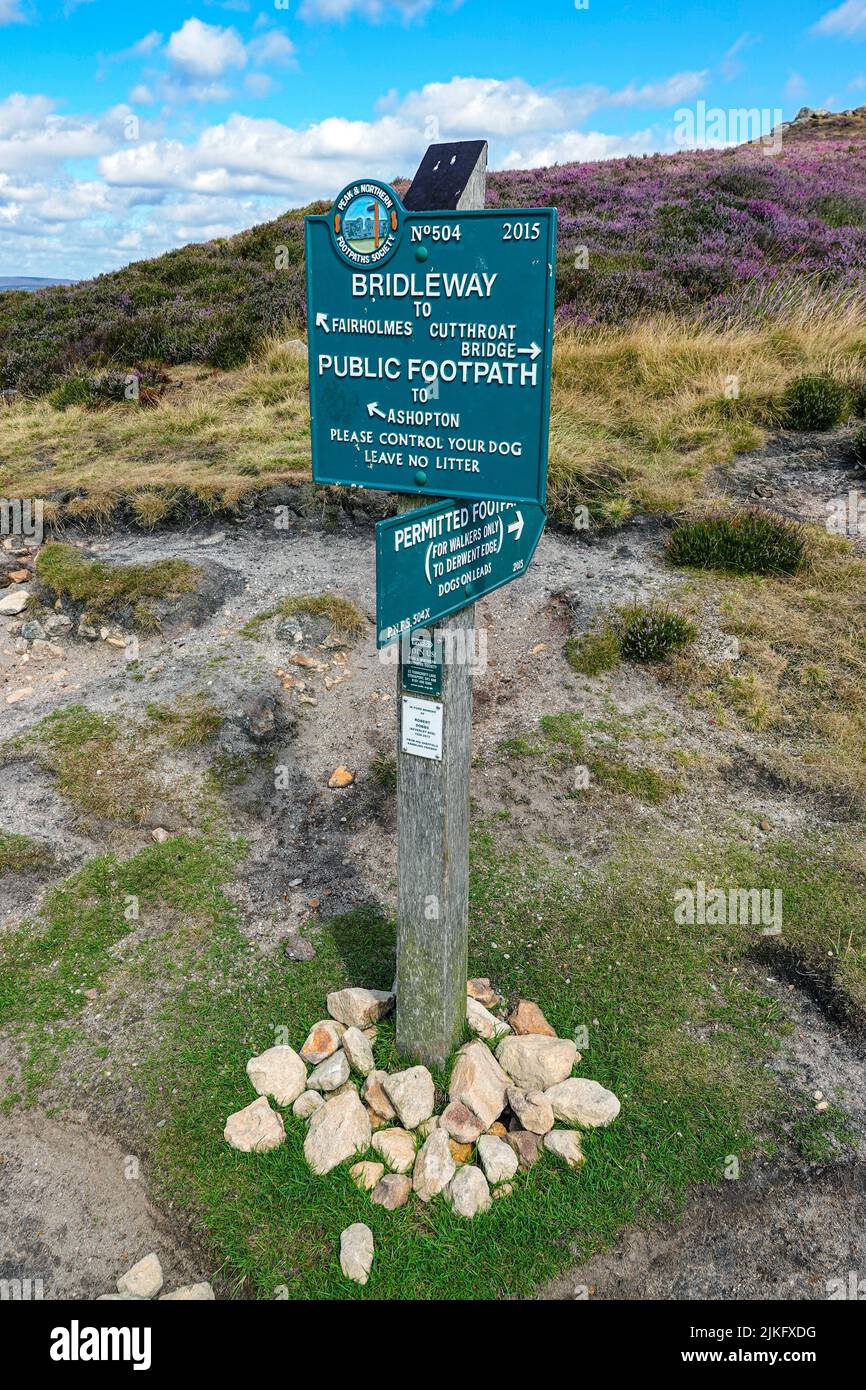 Cartello verde sopra il lago artificiale di Ladybower visto dall'alto, da Derwent Edge, Peak District National Park, Derbyshire, Regno Unito Foto Stock