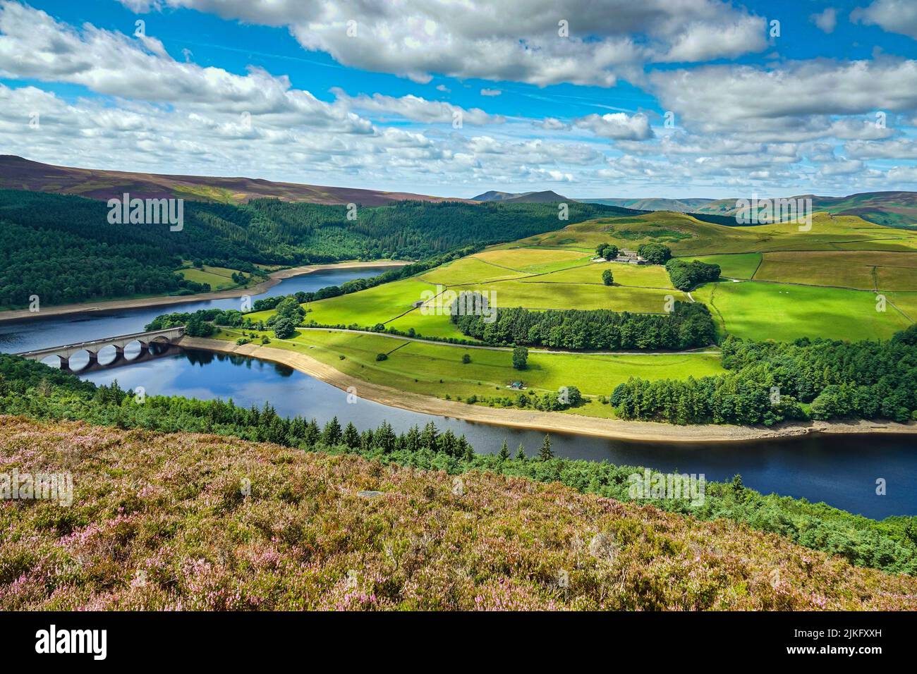 Lago artificiale di Ladybower visto dall'alto, da Derwent Edge, Peak District National Park, Derbyshire, Regno Unito Foto Stock