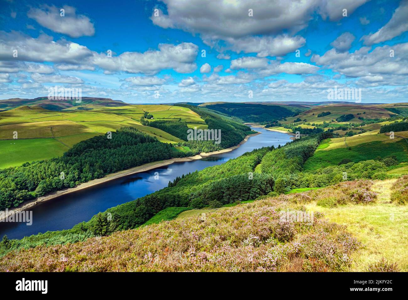 Lago artificiale di Ladybower visto dall'alto, da Derwent Edge, Peak District National Park, Derbyshire, Regno Unito Foto Stock