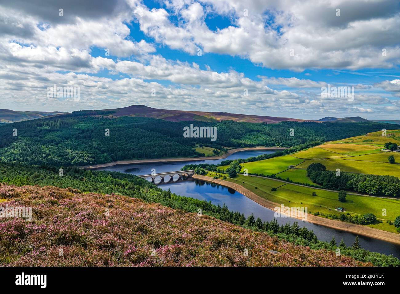 Lago artificiale di Ladybower visto dall'alto, da Derwent Edge, Peak District National Park, Derbyshire, Regno Unito Foto Stock