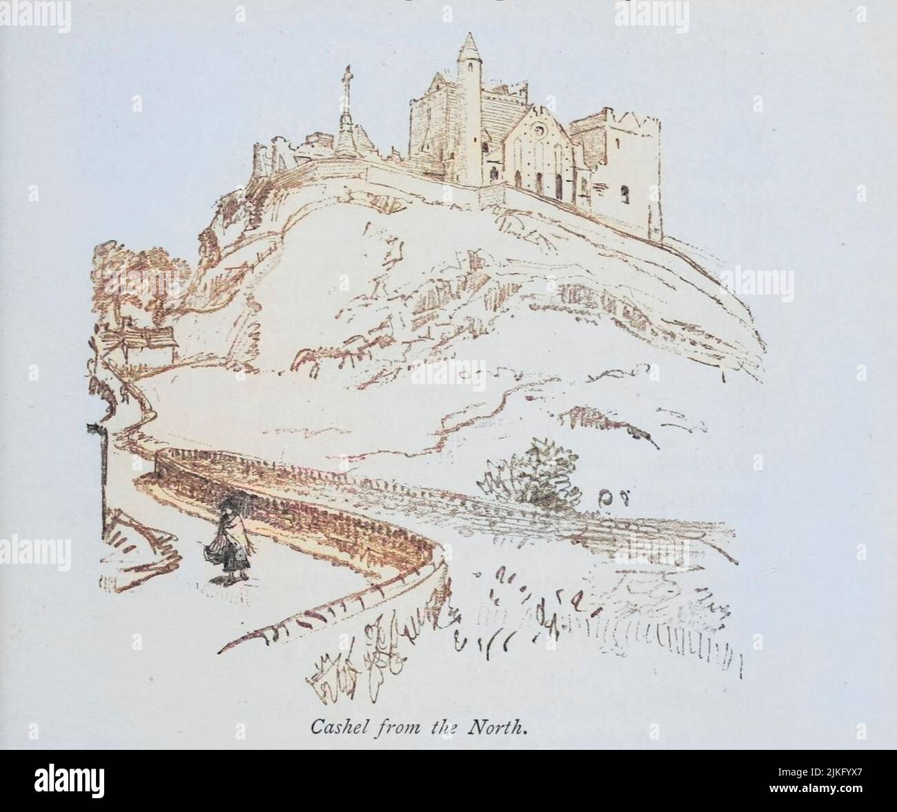 Cashel da Nord la Rocca di Cashel (irlandese: Carraig Phádraig [ˈcaɾˠəɟ ˈfˠaːd̪ˠɾˠəɟ]), noto anche come Cashel dei Re e St. Patrick's Rock, è un sito storico situato a Cashel, Contea di Tipperary, Irlanda. Dalla guida 'LE COLLINE DI FIERA D'IRLANDA ' di STEPHEN GWYNN CON ILLUSTRAZIONI DI HUGH THOMSON pubblicato 1906 Dublino: MAUNSEL AND CO., LIMITED LONDON: MACMILLAN AND CO., LIMITED NEW YORK : LA SOCIETÀ MACMILLAN Foto Stock