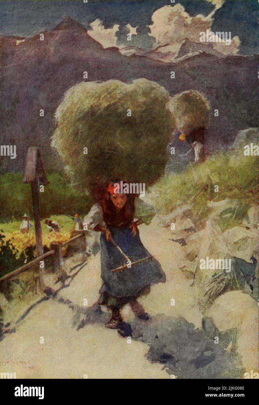 Haymakers in Val Maggi dipinta da A. D. McCormick' i carichi portati dalle donne sono enormi per dimensioni, ciò che sono in peso non so ; ma molti di loro sono più grandi di quelli mostrati nella foto. Un carico che ho misurato era il doppio dell'altezza della donna' dal libro 'le Alpi' di Sir William Martin Conway, Data di pubblicazione 1904 Editore Londra : Adam e Charles Black Arthur David McCormick FRGS (Coleraine, 14 ottobre 1860 – 1943) è stato un illustratore e pittore britannico di paesaggi, scene storiche, soggetti navali e scene di genere. Foto Stock