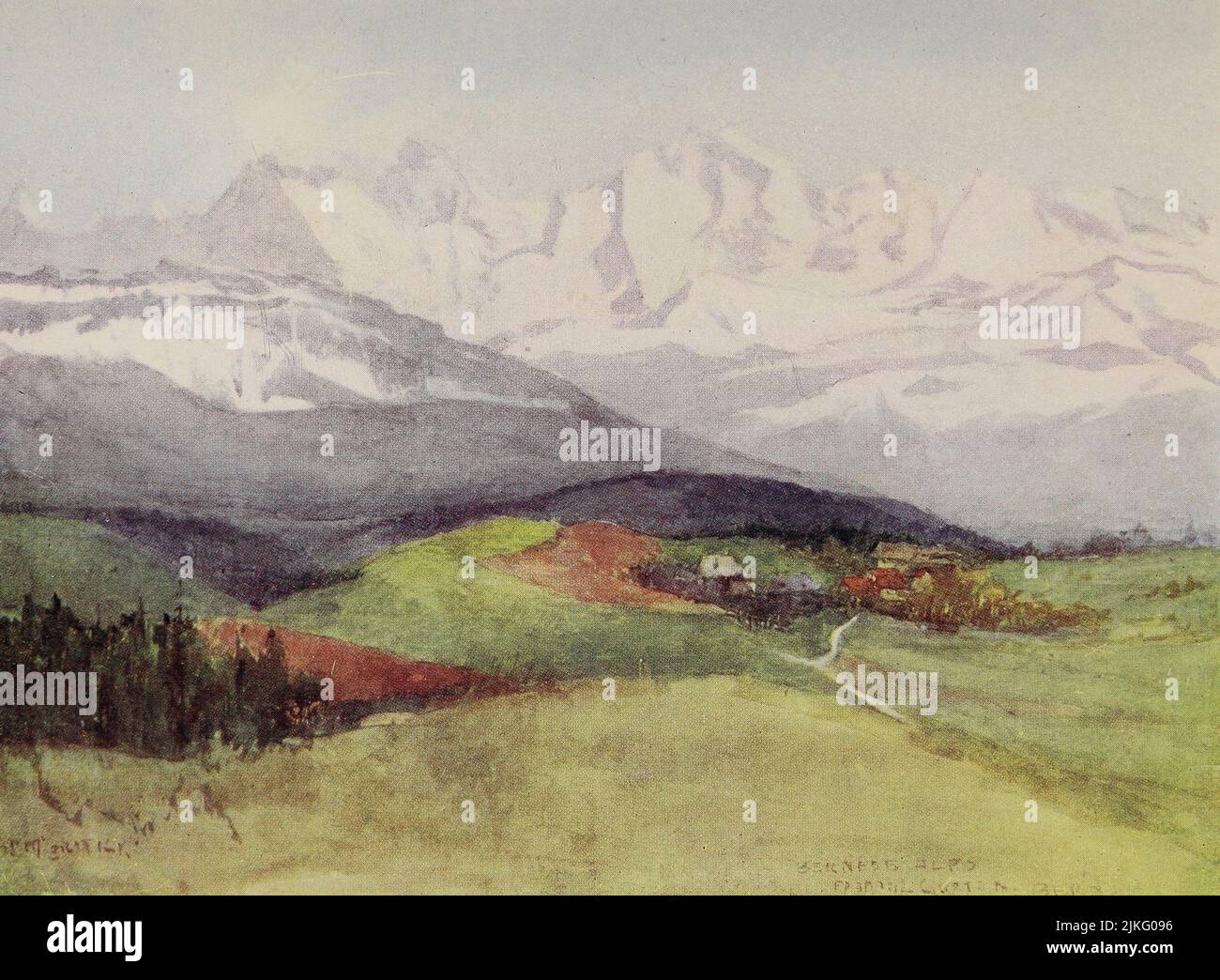 Vista delle Alpi Bernesi dal Gurten, vicino Berna dipinta da A. D. McCormick dal libro " le Alpi " di Sir William Martin Conway, Data di pubblicazione 1904 Editore Londra : Adam e Charles Black Arthur David McCormick FRGS (Coleraine, 14 ottobre 1860 – 1943) è stato un illustratore e pittore britannico di paesaggi, scene storiche, soggetti navali e scene di genere. Foto Stock