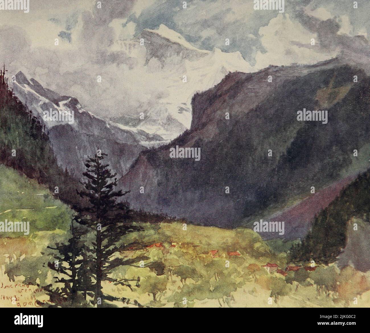La Jungfrau di Interlaken ascese per la prima volta nel 1811 dipinta da A. D. McCormick dal libro 'le Alpi' di Sir William Martin Conway, Data di pubblicazione 1904 Editore Londra : Adam e Charles Black Arthur David McCormick FRGS (Coleraine, 14 ottobre 1860 – 1943) è stato un illustratore e pittore britannico di paesaggi, scene storiche, soggetti navali e scene di genere. Foto Stock