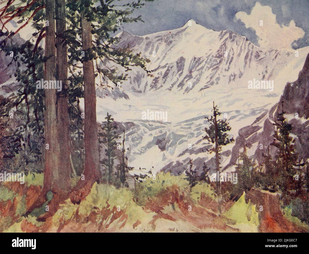 Fiescherhorn e il Grindelwald inferiore dipinti da A. D. McCormick dal libro " le Alpi " di Sir William Martin Conway, anno di pubblicazione 1904 Editore Londra : Adam e Charles Black Arthur David McCormick FRGS (Coleraine, 14 ottobre 1860 – 1943) è stato un illustratore e pittore britannico di paesaggi, scene storiche, soggetti navali e scene di genere. Foto Stock
