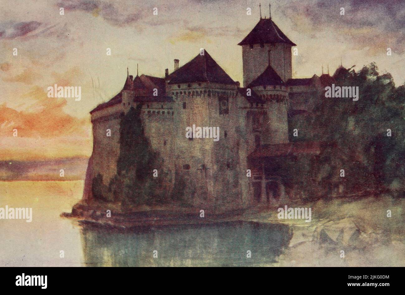 Il Castello di Chillon dipinto da A. D. McCormick [“il Lago Leman giace dalle mura di Chillon : mille piedi di profondità sotto le sue acque massy si incontrano e fluiscono.“ Byron] dal libro 'le Alpi' di Sir William Martin Conway, Data di pubblicazione 1904 Editore Londra : Adam e Charles Black Arthur David McCormick FRGS (Coleraine, 14 ottobre 1860 – 1943) è stato un illustratore e pittore britannico di paesaggi, scene storiche, soggetti navali e scene di genere. Foto Stock