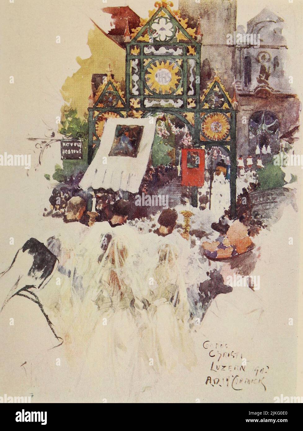 La Processione del Corpus Christi alla Hofkirche di San Leodegar la Chiesa cattolica principale di Lucerna dipinta da A. D. McCormick dal libro 'le Alpi' di Sir William Martin Conway, anno di pubblicazione 1904 Editore Londra : Adam e Charles Black Arthur David McCormick FRGS (Coleraine, 14 ottobre 1860 – 1943) è stato un illustratore e pittore britannico di paesaggi, scene storiche, soggetti navali e scene di genere. Foto Stock