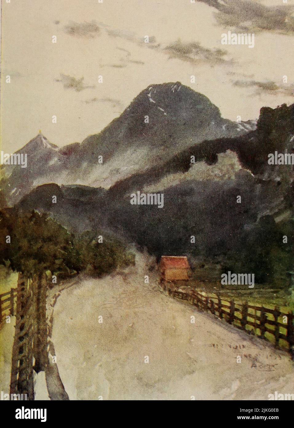 A Meiringen Ridge sopra il Passo di Brunig in lontananza dipinto da A. D. McCormick dal libro ' le Alpi ' di Sir William Martin Conway, Pubblicazione data 1904 Editore Londra : Adam e Charles Black Arthur David McCormick FRGS (Coleraine, 14 ottobre 1860 – 1943) è stato un illustratore e pittore britannico di paesaggi, scene storiche, soggetti navali e scene di genere. Foto Stock