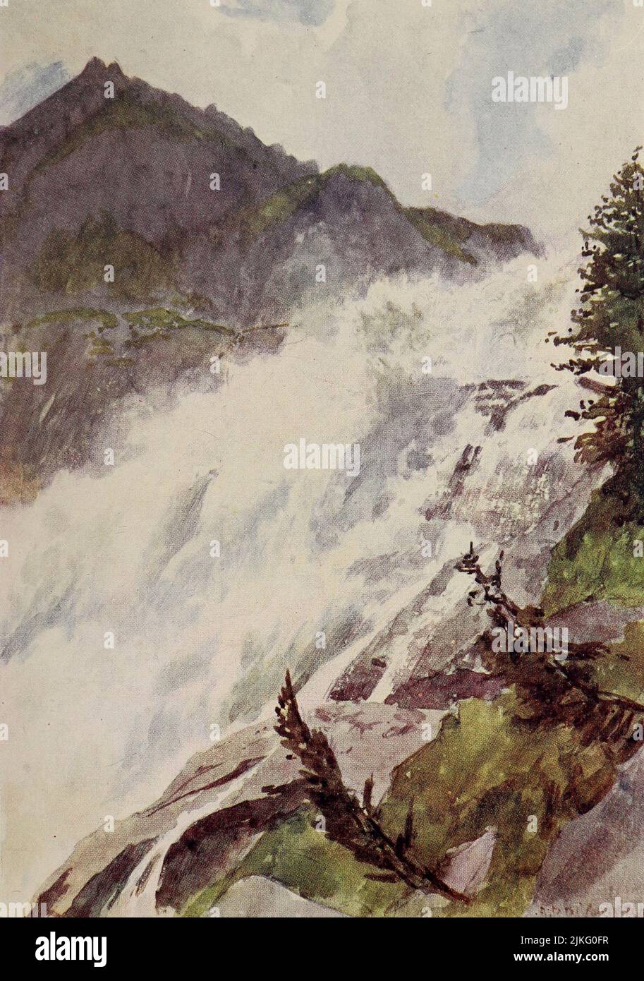 Le Cascate di Tosa, Val Formazza si dice essere la più grande delle Alpi, 470 piedi di altezza. Il Tosa cade in tre cascate. Il primo solo è mostrato nella foto dipinta da A. D. McCormick dal libro 'le Alpi' di Sir William Martin Conway, Pubblicazione data 1904 Editore Londra : Adam e Charles Black Arthur David McCormick FRGS (Coleraine, 14 ottobre 1860 – 1943) è stato un illustratore e pittore britannico di paesaggi, scene storiche, soggetti navali e scene di genere. Foto Stock