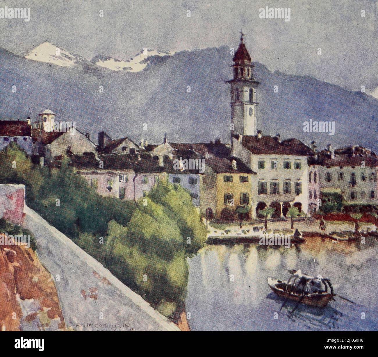 Asconia sul Lago maggiore dipinta da A. D. McCormick dal libro 'le Alpi' di Sir William Martin Conway, Data di pubblicazione 1904 Editore Londra : Adam e Charles Black Arthur David McCormick FRGS (Coleraine, 14 ottobre 1860 – 1943) è stato un illustratore e pittore britannico di paesaggi, scene storiche, soggetti navali e scene di genere. Foto Stock