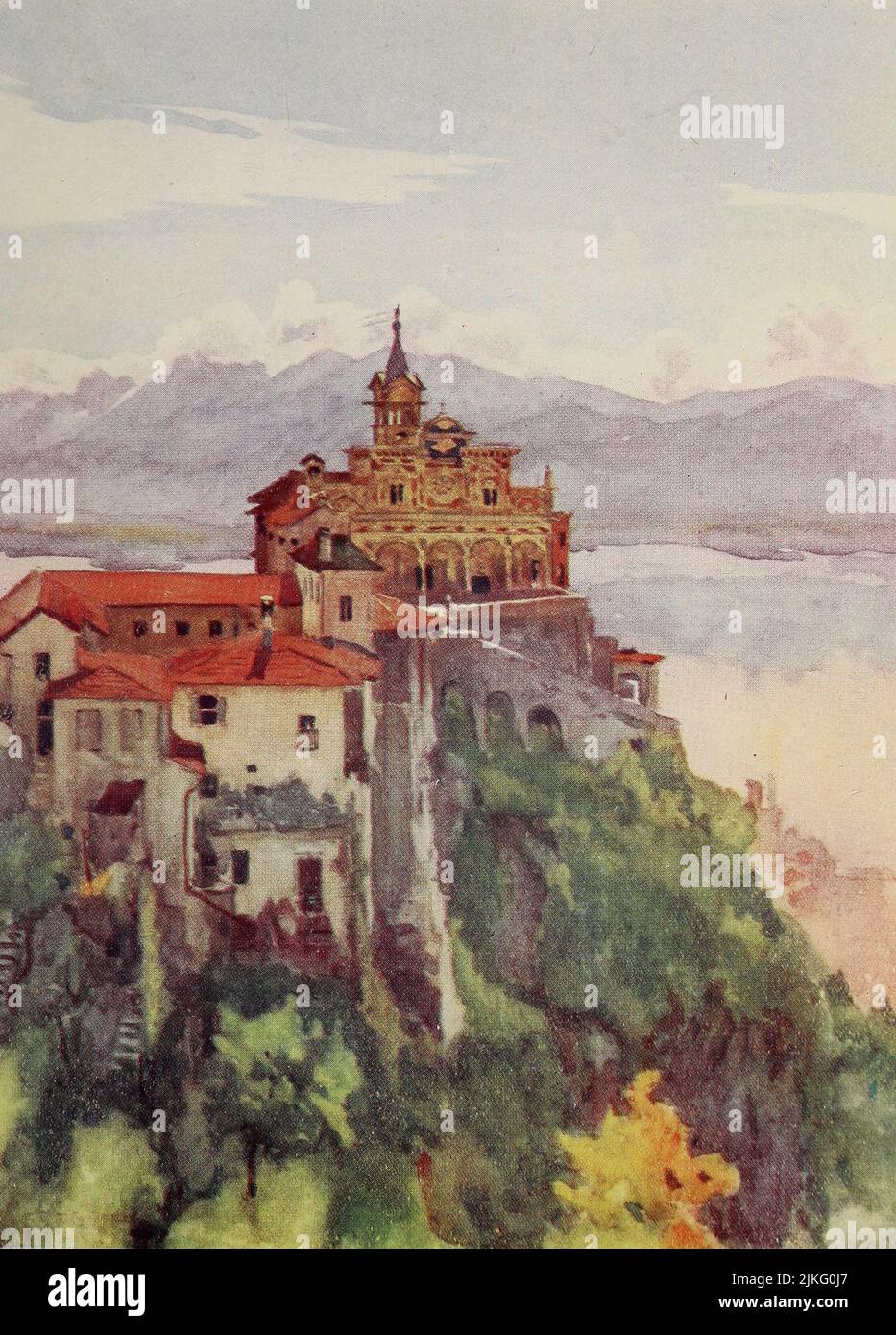 La Madonna del Sasso, Locarno Chiesa del pellegrinaggio, situata in posizione pittoresca su una scogliera rocciosa boscosa alta sopra la città e il Lago maggiore dipinto da A. D. McCormick dal libro 'le Alpi' di Sir William Martin Conway, Data di pubblicazione 1904 Editore Londra : Adam e Charles Black Arthur David McCormick FRGS (Coleraine, 14 ottobre 1860 – 1943) è stato un illustratore e pittore britannico di paesaggi, scene storiche, soggetti navali e scene di genere. Foto Stock