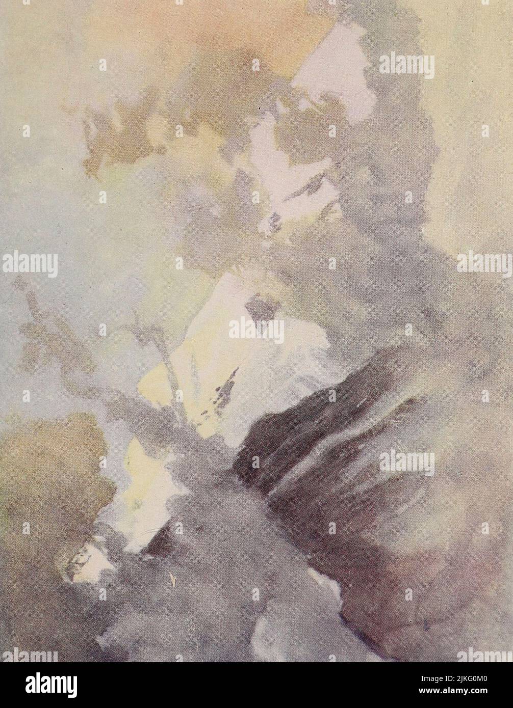 Le nuvole di Aletschhorn che si radunano al tramonto. Dipinto da A. D. McCormick dal libro 'le Alpi' di Sir William Martin Conway, Data di pubblicazione 1904 Editore Londra : Adam e Charles Black Arthur David McCormick FRGS (Coleraine, 14 ottobre 1860 – 1943) è stato un illustratore e pittore britannico di paesaggi, scene storiche, soggetti navali e scene di genere. Foto Stock