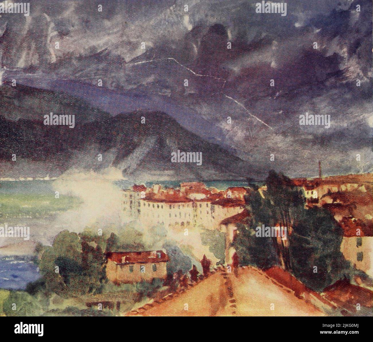 Thunderstorm breaking over Pallanza Sketch fatto di finestra. Polvere delle strade spazzata prima di esso in nuvole dipinte da A. D. McCormick dal libro ' le Alpi ' di Sir William Martin Conway, Pubblicazione data 1904 Editore Londra : Adam e Charles Black Arthur David McCormick FRGS (Coleraine, 14 ottobre 1860 – 1943) è stato un illustratore e pittore britannico di paesaggi, scene storiche, soggetti navali e scene di genere. Foto Stock