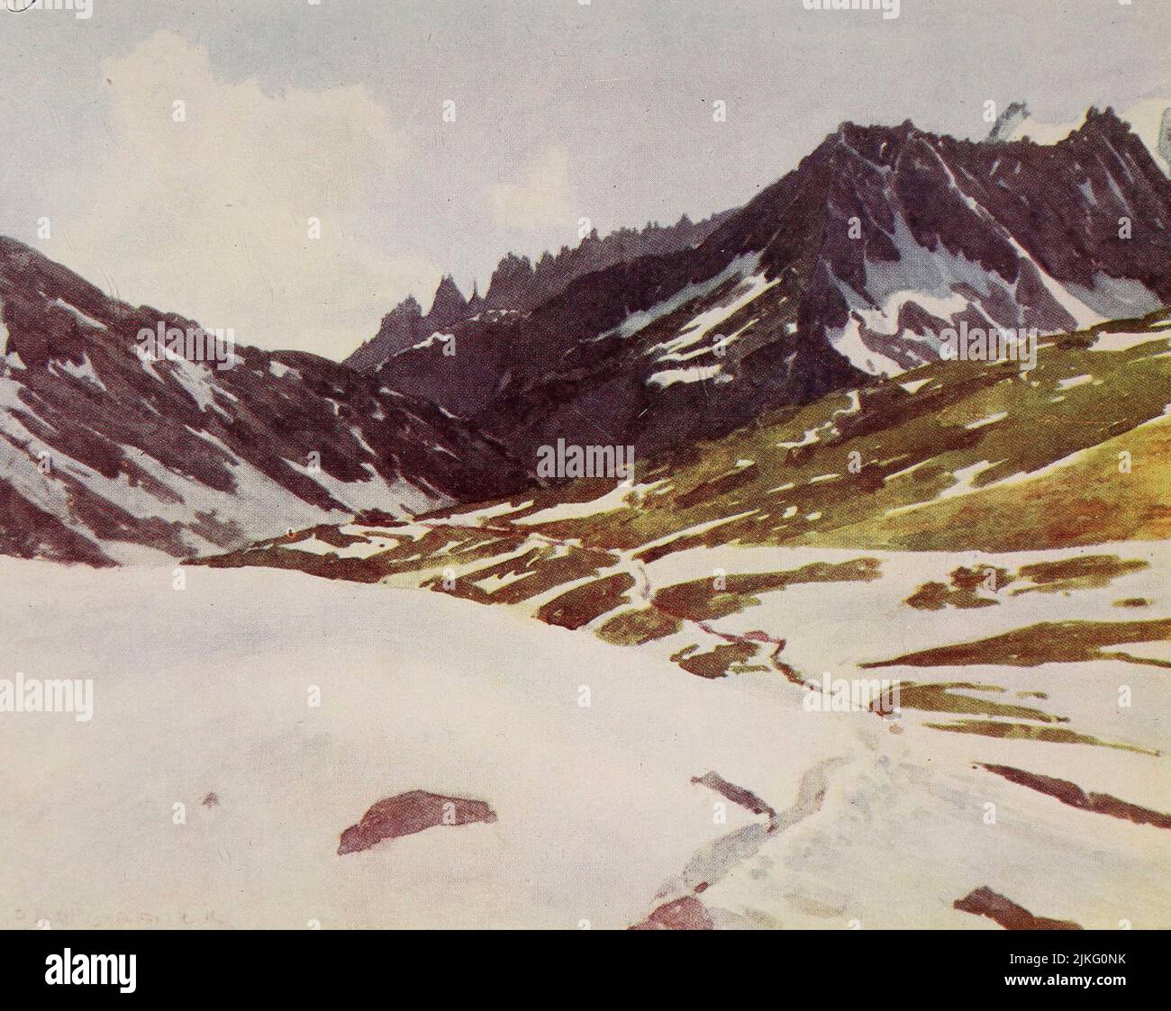 Alp. Marjelen Neve invernale a terra. Piede di Eggishorn a sinistra, creste di Strahlhorner a destra dipinte da A. D. McCormick dal libro 'le Alpi' di Sir William Martin Conway, Data di pubblicazione 1904 Editore Londra : Adam e Charles Black Arthur David McCormick FRGS (Coleraine, 14 ottobre 1860 – 1943) è stato un illustratore e pittore britannico di paesaggi, scene storiche, soggetti navali e scene di genere. Foto Stock