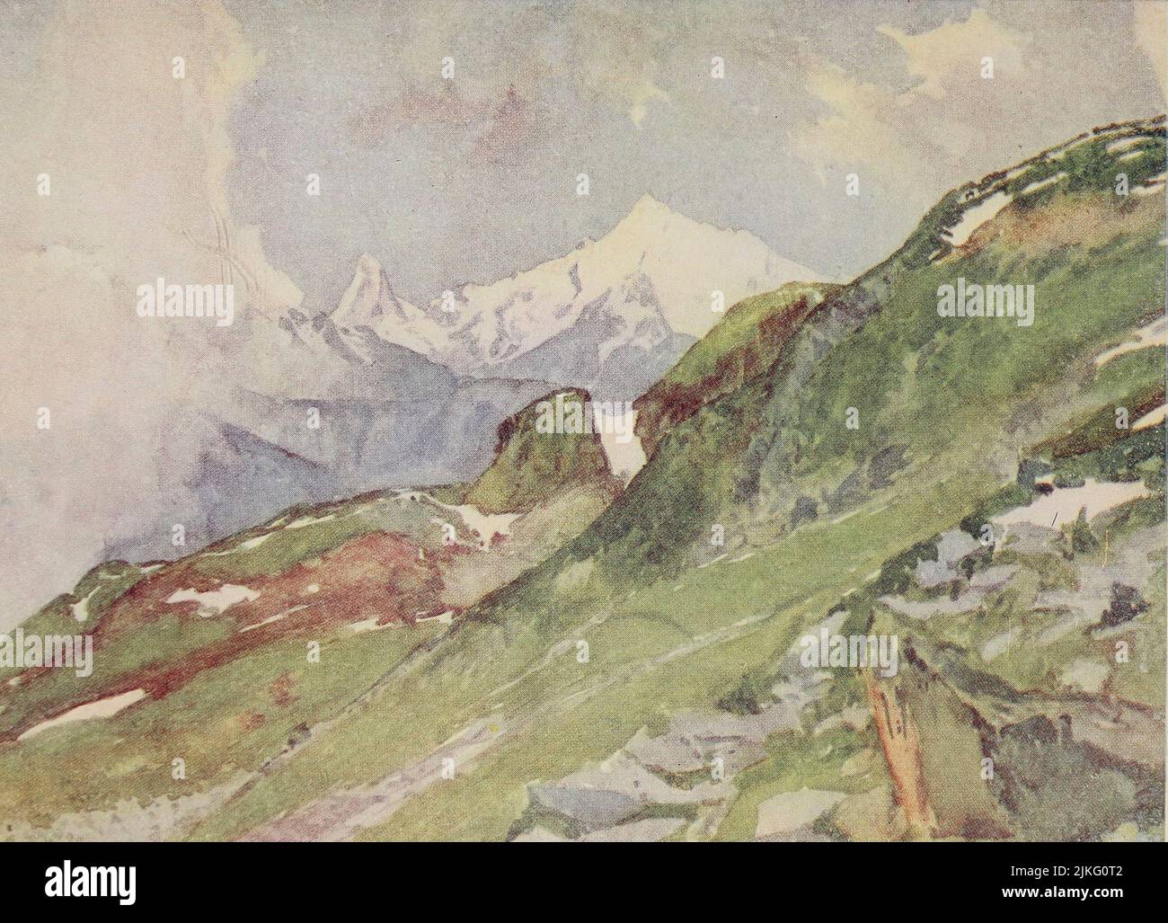 Weisshorn e Matterhorn di Fiescheralp dipinte da A. D. McCormick dal libro " le Alpi " di Sir William Martin Conway, Data di pubblicazione 1904 Editore Londra : Adam e Charles Black Arthur David McCormick FRGS (Coleraine, 14 ottobre 1860 – 1943) è stato un illustratore e pittore britannico di paesaggi, scene storiche, soggetti navali e scene di genere. Foto Stock